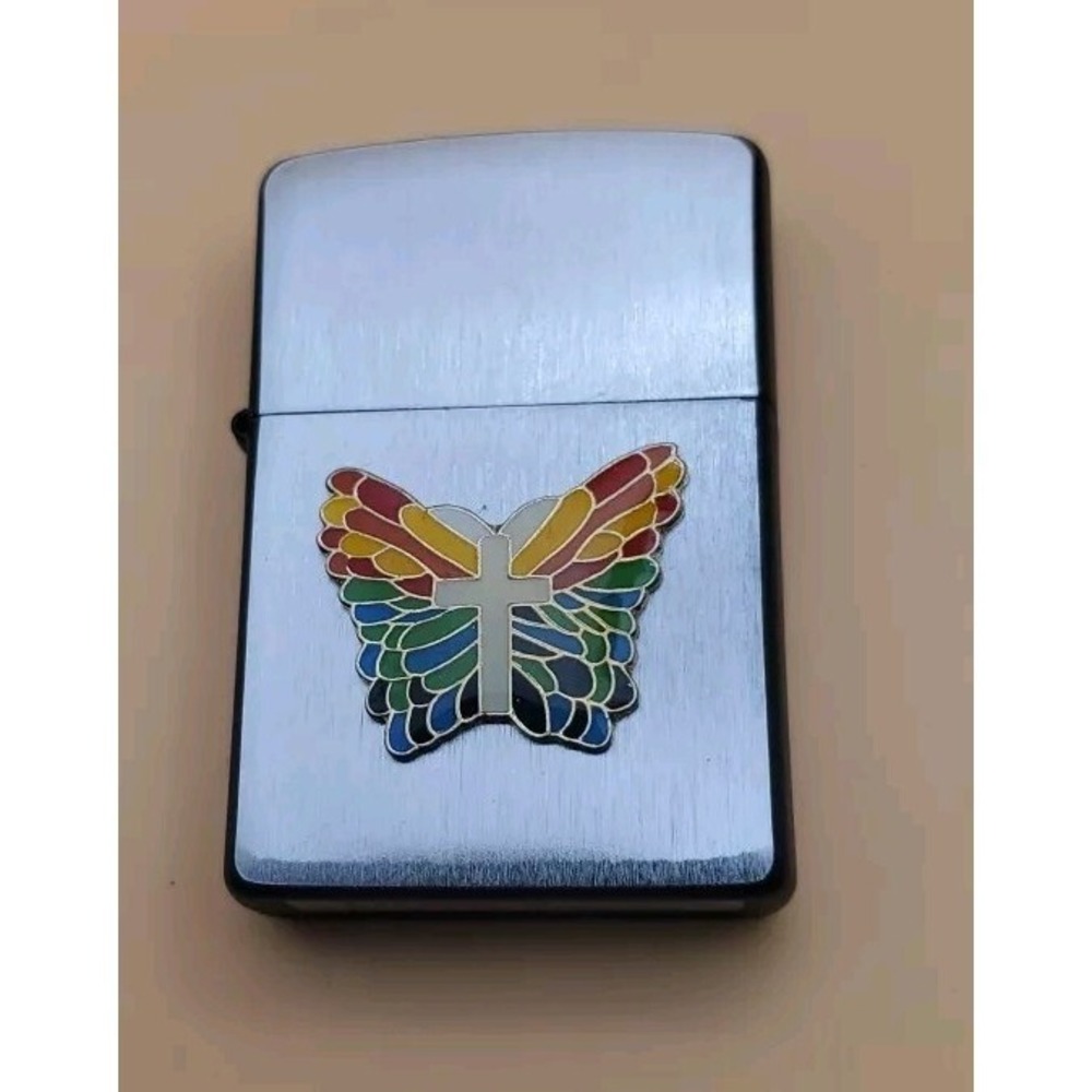 Zippo Lighter With A Rainbow Butterfly With Cross Medallion Silver And Black